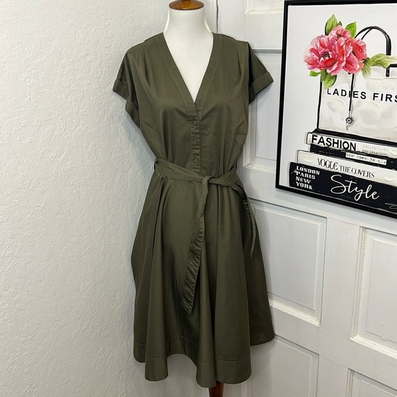 Iris & Ink Olive Green Belted Midi Dress Size 12 - Picture 1 of 8